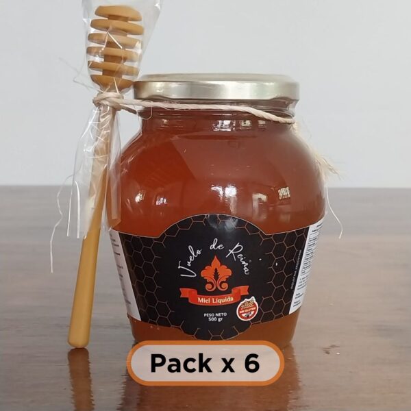 Pack x 6: Miel liquida en frasco de vidrio de 500 gr. con palita mielera de regalo